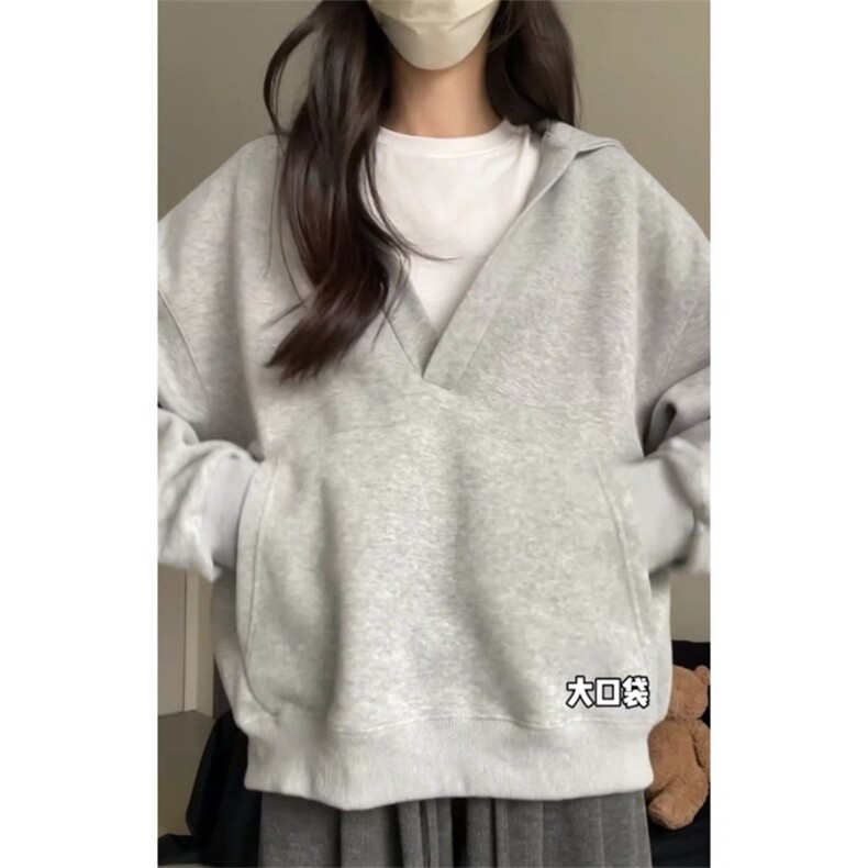 QC032-P65 连帽v领卫衣女春秋冬百搭外套 女上衣宽松图片