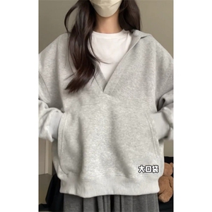 QC032-P65 连帽v领卫衣女春秋冬百搭外套 女上衣宽松图片