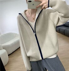 设计感小众高领拉链上衣慵懒风宽松别致针织开衫毛衣外套女秋季，女装针织衫/毛衣，雪真羊绒