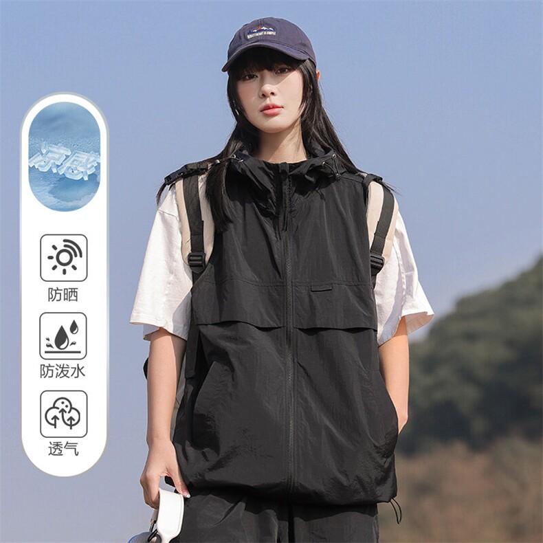 男女户外防紫外线连帽马甲潮流登山跑步防晒衣无袖褂子FS518-P35，男装防晒衣，星座1403A