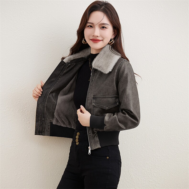 复古磨砂加绒皮衣女2024冬装新款小个子短款潮流机车服皮夹克外套,女装棉衣/棉服,潮流依族