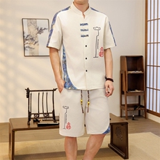 潮风套装男新中式短袖衬衫时尚休闲短裤两件套JZ306-P58，男装牛仔裤，星座310B-3