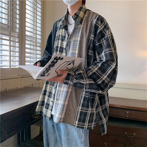 衬衫男秋季新款长袖格子拼接撞色日系复古休闲衬衣外套 W5187-P41图片