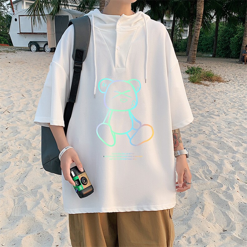 LD54139-P45连帽短袖t恤男大码胖子带帽五分袖中袖,男装T恤,电商A040