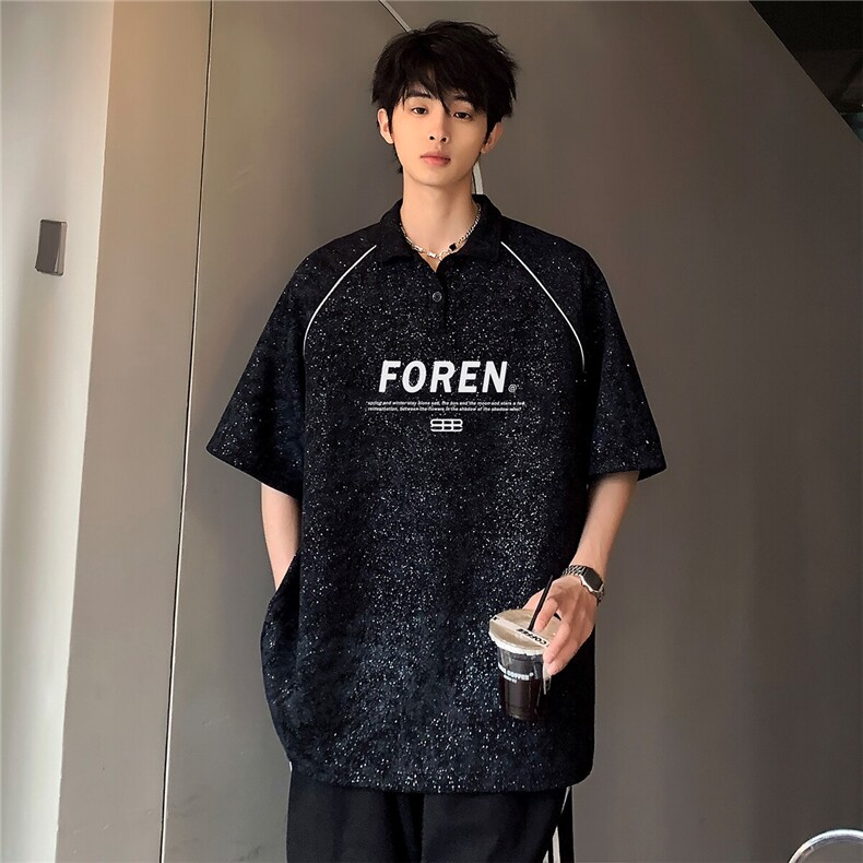 日系复古做旧高级街头cleanfit细闪设计感插肩袖POLO衫T恤T67-P38,男装T恤,电商C307