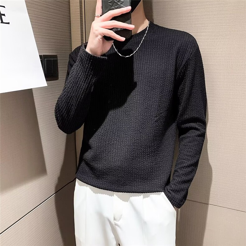 春季重磅设计感肌理压皱长袖T恤男休闲韩版慵懒风条纹打底衫上衣，男装T恤，星座516A