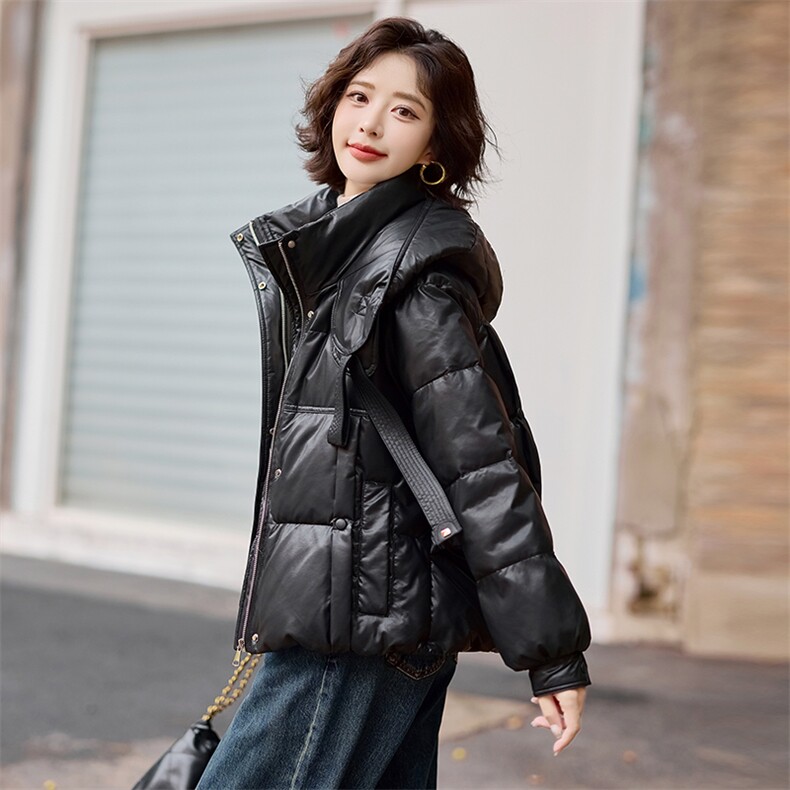 【冬季女装新款】时尚休闲白鸭绒PU皮羽绒服P285-K385,女装羽绒服,简古