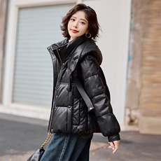 【冬季女装新款】时尚休闲白鸭绒PU皮羽绒服P285-K385，女装羽绒服，简古