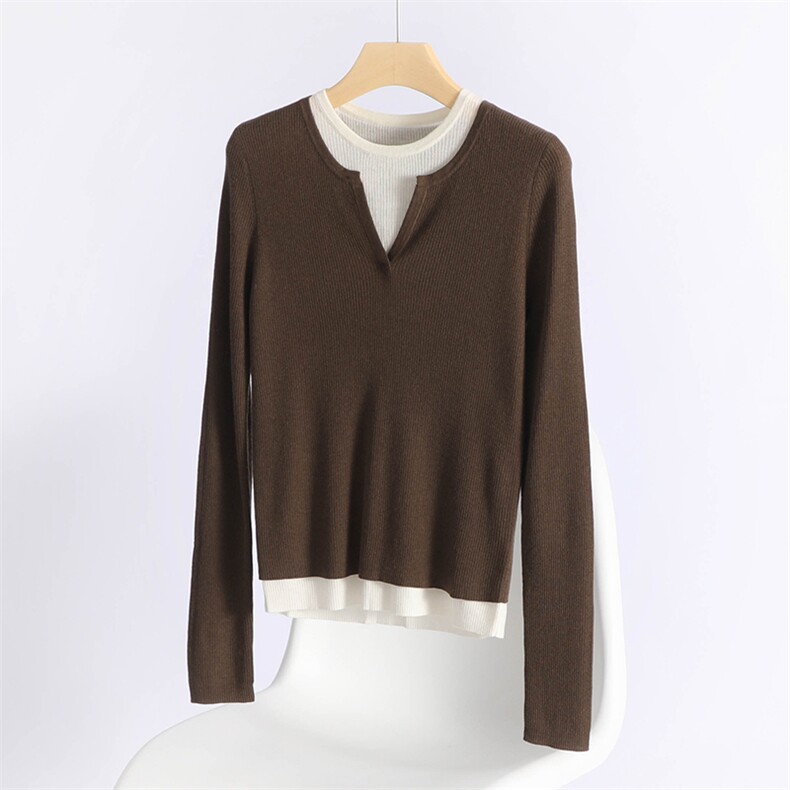 2025年春季圆领长袖套头拼接假两件针织衫，女装羊毛衫，东远绒业