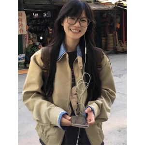卡其色正肩卫衣外套女棒球服夹克早秋季穿搭美式宽松图片