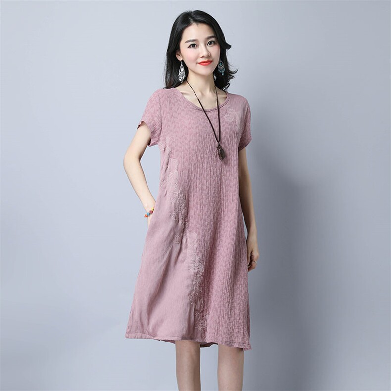 纯色连衣裙通勤圆领宽松腰A字裙2021年夏季短袖中长款贴布绣花口袋A型，女装连衣裙，独衣靓