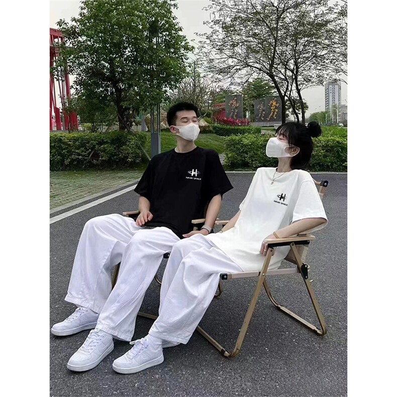 抖音得物供货210克宽松纯棉美式潮牌印花宽松落肩袖纯棉T恤AT2102图片