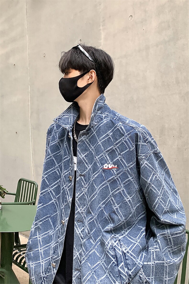 港风格子牛仔定制面料夹克男：70%棉30%聚酯纤维NZ77090P95控138,男装夹克,星座227-7