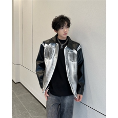 美式街头复古拼接重工水洗手绘牛仔pu皮JK8570-P83，男装皮衣，星座1109-4
