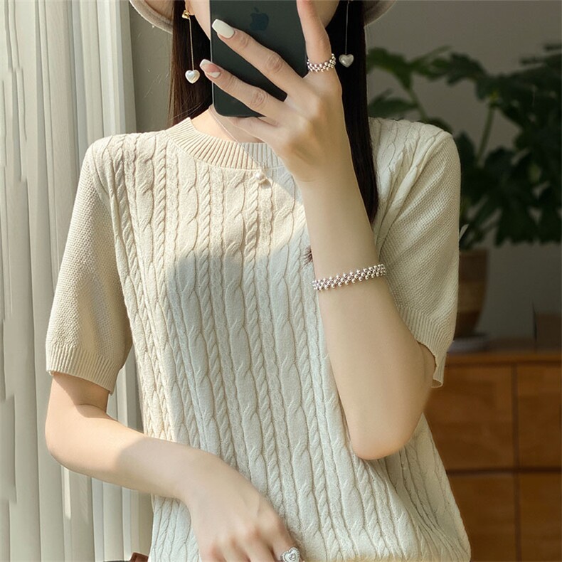 冰丝短袖t恤女夏季薄款新款宽松麻花内百搭针织打底衫女半袖上衣，女装针织衫/毛衣，萱芳婷羊绒