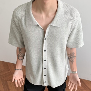 夏款潮牌浅灰色针织短袖男单排扣潮流设计衬衫轻奢上衣CS6501 P48图片