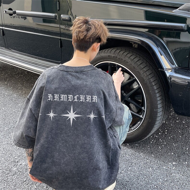 图案已注册夏季设计感小众短袖T恤男潮宽松做旧水洗打底S023/P35，男装T恤，电商B209