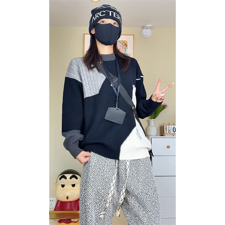 秋季新款拼接圆领毛衣男女宽松休闲百搭高级感上衣ZB7011-特价47,男装针织衫/毛衣,电商A007