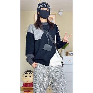 秋季新款拼接圆领毛衣男女宽松休闲百搭高级感上衣ZB7011-特价47图片