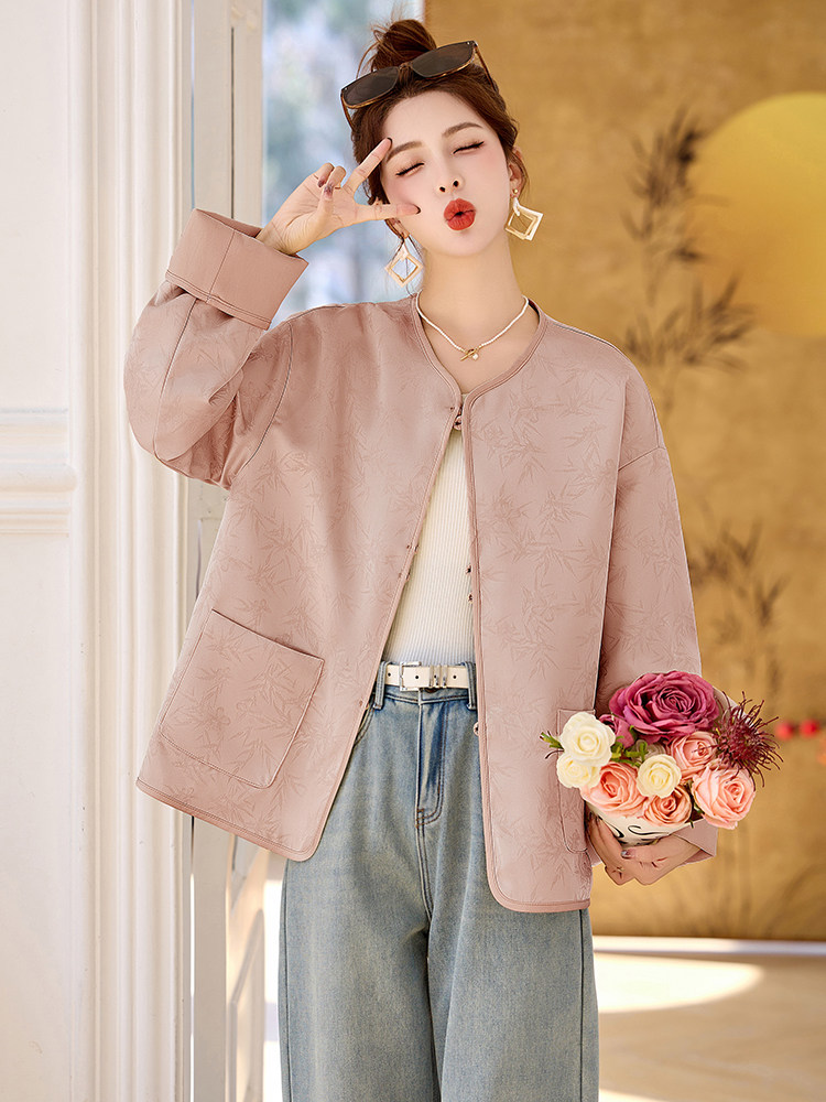 2025年春季新款新中式风提花两面穿唐装超好看pu皮衣外套女上衣,女装短外套,玖莱伊