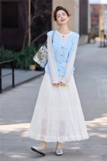 镂空钩花马甲+T恤+雪纺网纱半身裙三件套送腰带，女装套装/套裙，采品优优