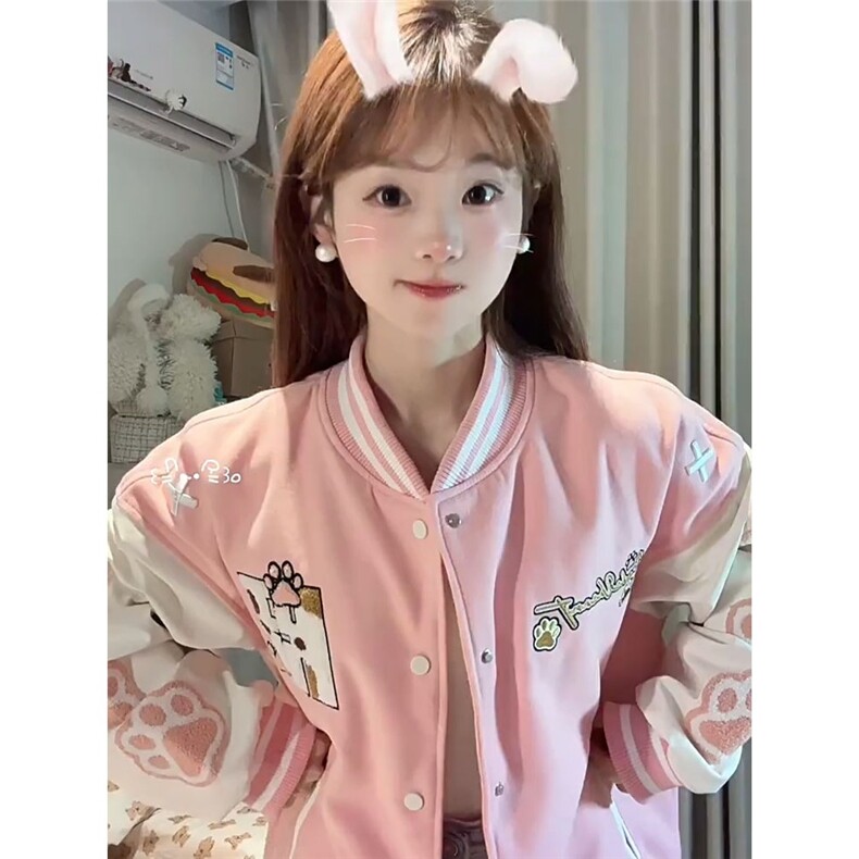 2025年新款美式复古猫爪刺绣撞色棒球服慵懒风宽松百搭外套图片