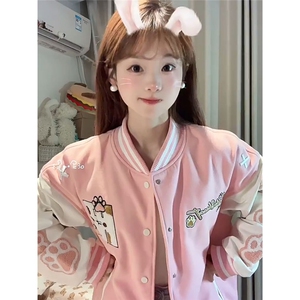 2025年新款美式复古猫爪刺绣撞色棒球服慵懒风宽松百搭外套图片