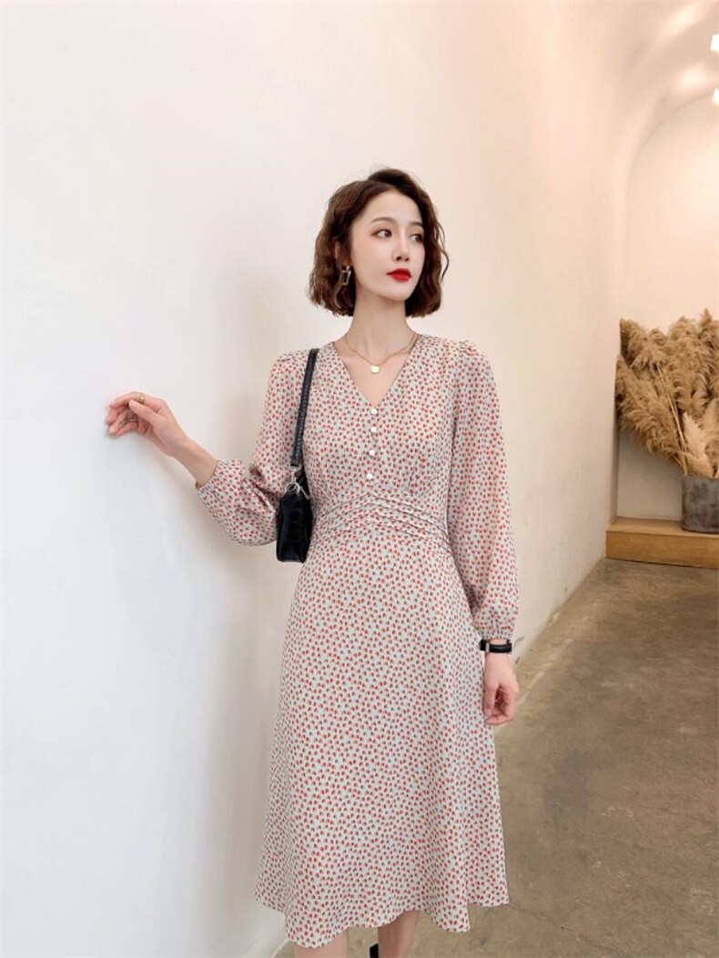 秋冬新款优雅修身中长款连衣裙女装，女装连衣裙，荷塘月色