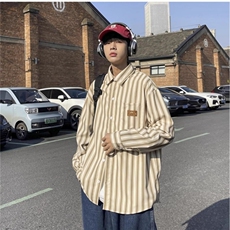 日系cityboy条纹翻领衬衫男秋冬宽松百搭青少年衬衣潮牌bf风外套，男装衬衫，星座1210-1