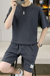 83658-P55夏季圆领短袖T恤男休闲时尚短裤套装男生纯色夏装一套图片