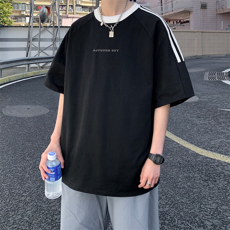 夏季美式高街重磅纯棉三条杠织带撞色男女短袖T恤ZD642-特P30,男装T恤,电商A486-1
