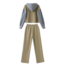 现货2024新款时尚字母印花撞色拼接连帽牛仔卫衣直筒裤两件套，女装套装/套裙，星期衣