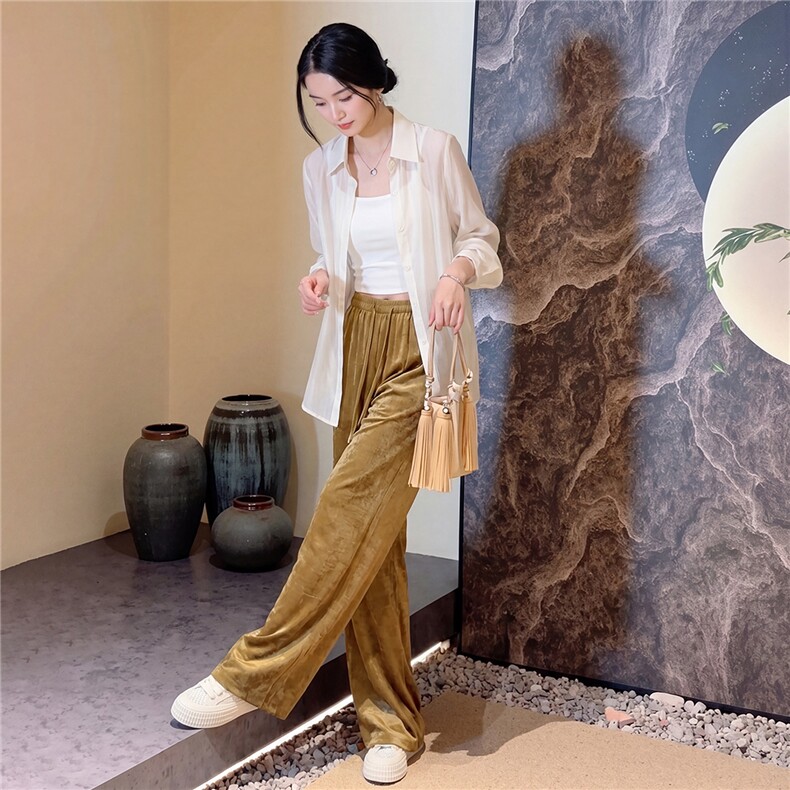 高级感时尚气质提花缎面阔腿裤套装女夏季新款冰丝长袖衬衫两件套图片