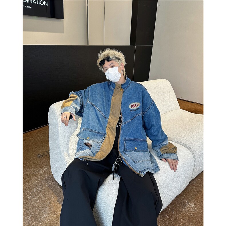 美式街头水洗牛仔外套男女拼接设计感工装夹克潮,男装夹克,星座716-4