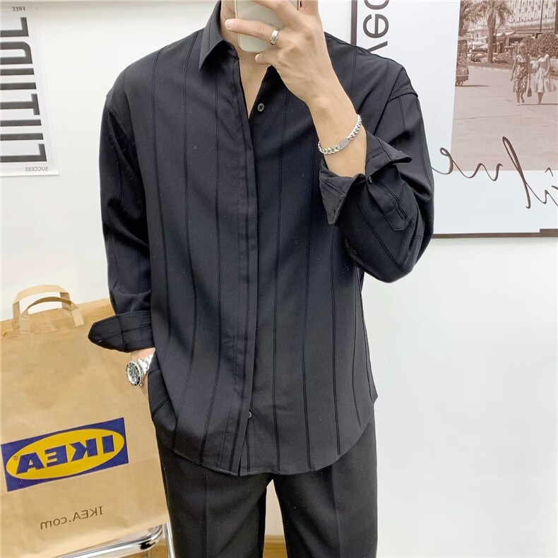 GS513P45轻奢翻领条纹白衬衫日系港风韩版纯色长袖衬衣男,男装衬衫,星座1108-5