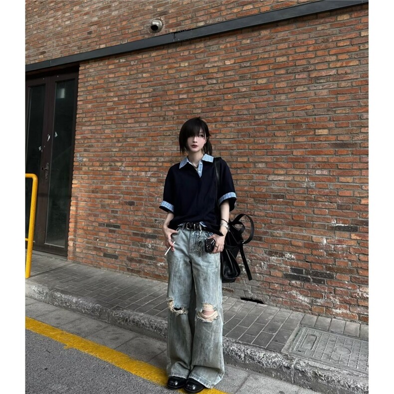 藏蓝色格纹假两件polo领短袖衬衫cleanfit短宽夏高级感T恤学院风,男装T恤,星座1210-1