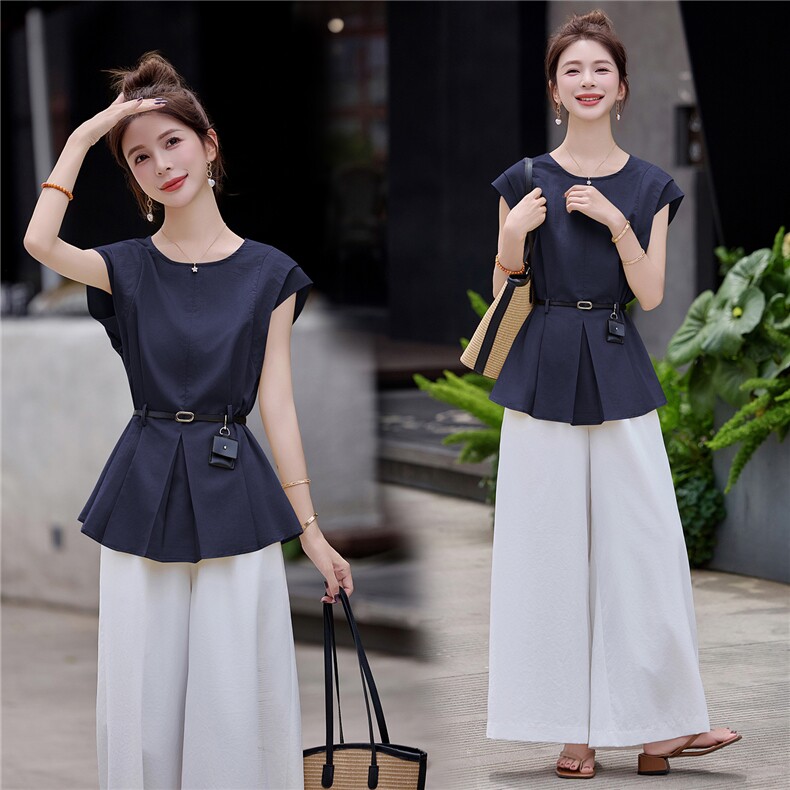2025年夏季圆领简约上衣+白色阔腿裤两件套配腰带女，女装套装/套裙，微微衣阁