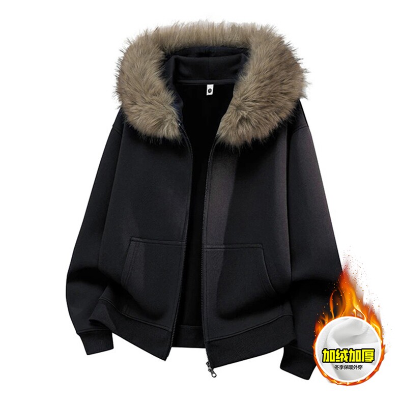 480G重磅加绒硬挺boxy秋冬美式高街超大毛领座山雕连帽卫衣厚外套，女装短外套，电商A486