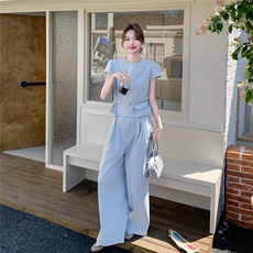 蓝色又酷又飒牛仔套装2025新款女夏流行爆款收腰上衣阔腿裤两件套，女装套装/套裙，2C135