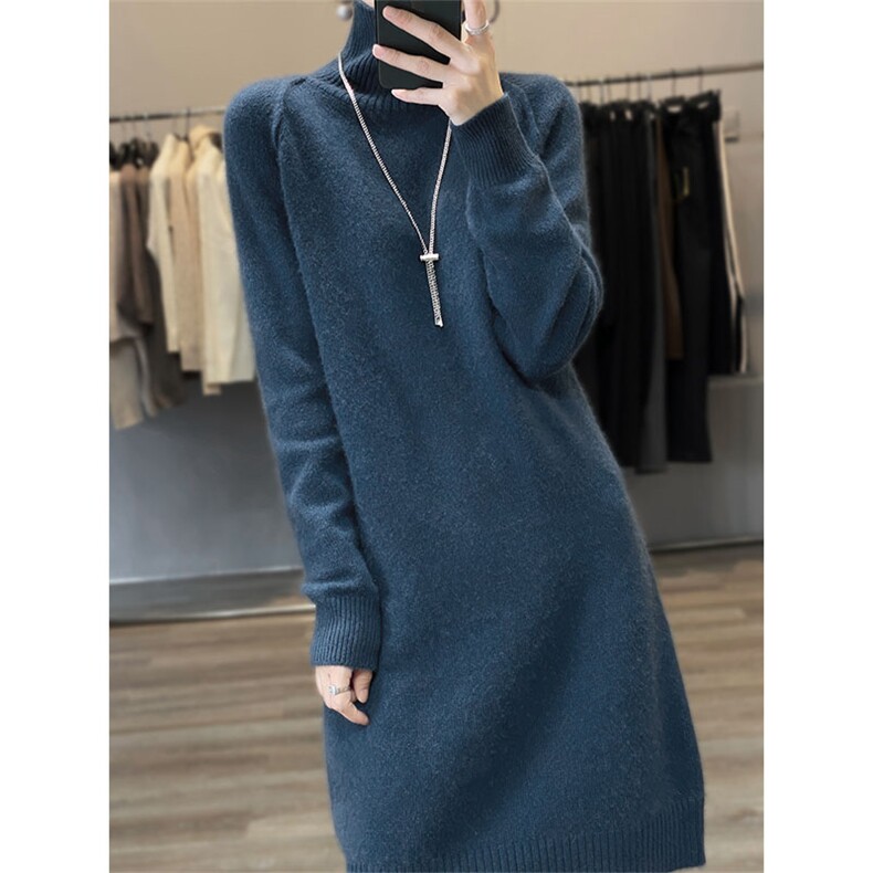 秋冬季羊毛休闲时尚通勤内搭百搭七针高领插肩长裙，女装连衣裙，越洋羊