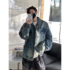 得物二开美式水洗做旧牛仔外套男复古显瘦夹克牛仔衣JK1291-P72，男装工装外套，星座1103-3