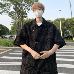 潮中式衬衫男复古风短袖夏季网红宽松上衣T恤设计感舒适百搭图片