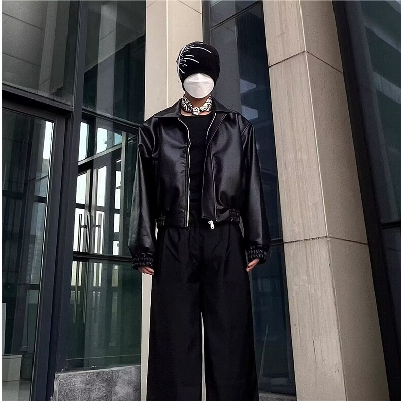 770-P64韩系街头PU皮外套男秋季cityboy潮流痞帅机车服套装宽松,男装休闲套装,电商B323A