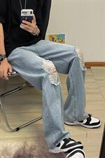 新款男女高街破洞宽直筒个性潮牌牛仔裤长裤子NZ689批45控68，男装牛仔裤，星座715