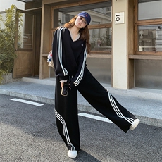 黑色蕾丝拼接慵懒卫衣套装女秋季2025新款阔腿长裤休闲运动两件套，女装套装/套裙，2D080