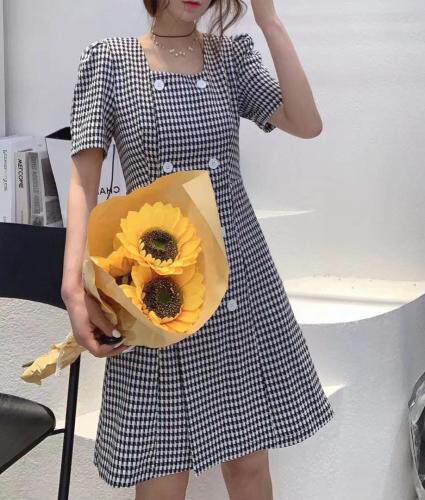 夏季新款小香风千鸟格方领收腰修身显瘦连衣裙，女装连衣裙，秀丽一生