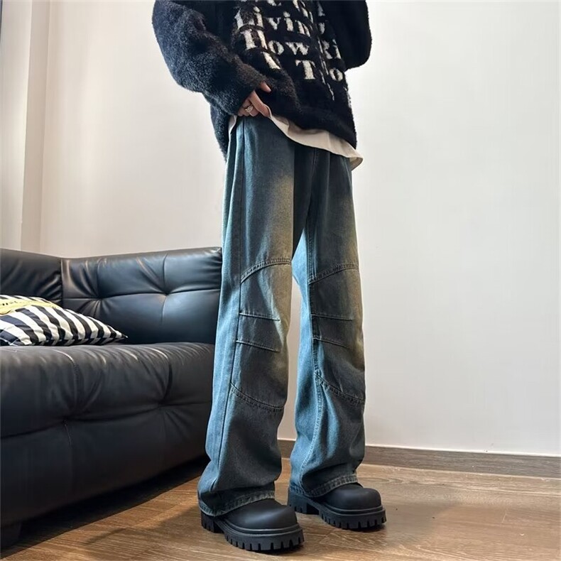 美式复古阔腿牛仔裤男款街头潮牌vibe高街痞帅休闲直筒宽松老爹裤,男装牛仔裤,星座410-7