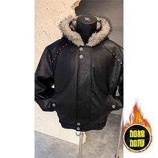 现货冬季美式潮牌痞帅PU皮机车服棉衣毛毛绒狼王座山雕皮棉服，男装棉衣，电商A486