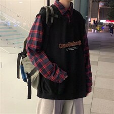 春季假两件卫衣男衬衫领慵懒bf宽松潮牌港风ins格子外套w012-p42图片