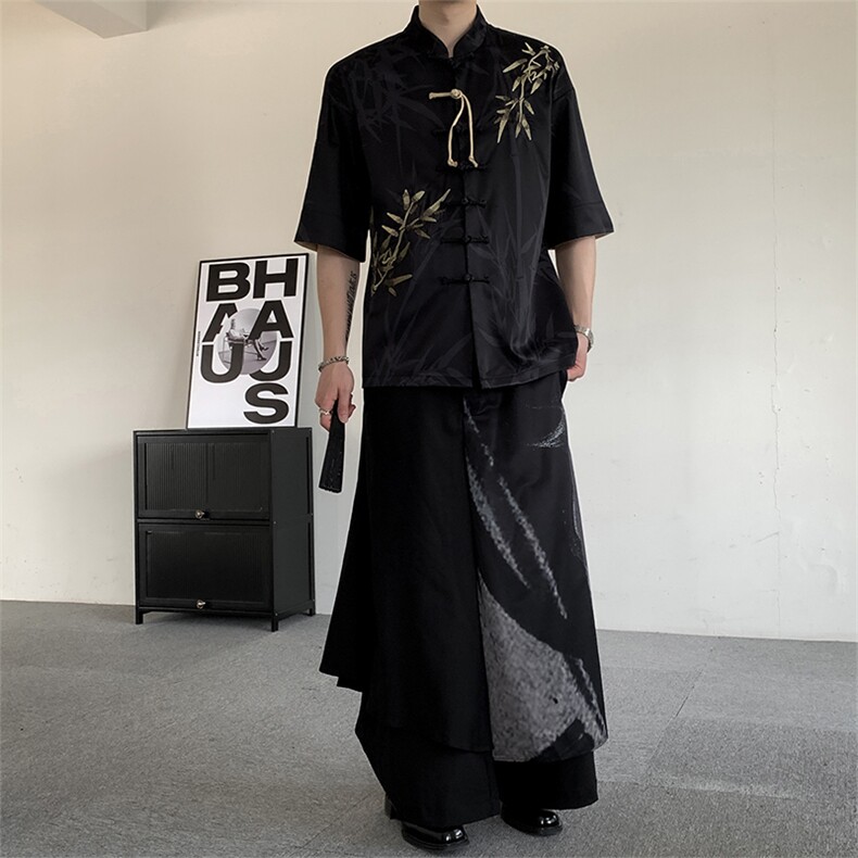 夏季24新中式风竹叶盘扣男女刺绣短袖衬衫唐装上衣民族服装汉服,男装T恤,星座909